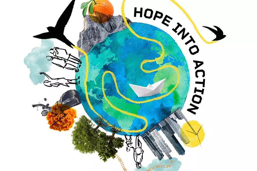Colourful globe graphic including a various graphics symbolising social sciences research themes, including a bird in flight, a mountain, families talking, clouds, trees, urban landscapes, a wind turbine, sun, and ribbon of binary code