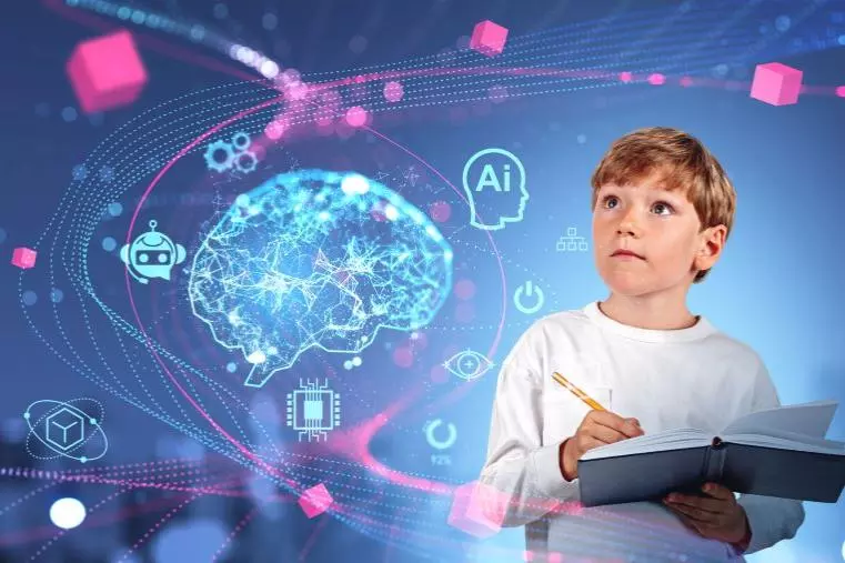 Boy writing in a notebook while images of a brain and digital icons swirl around him.